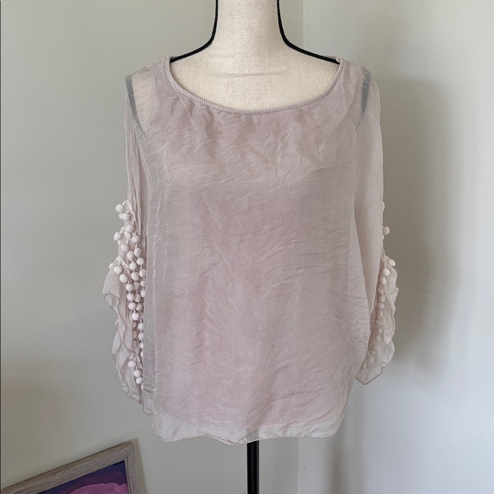 Sheer Blouse with Pom Pom Sleeves Size Small